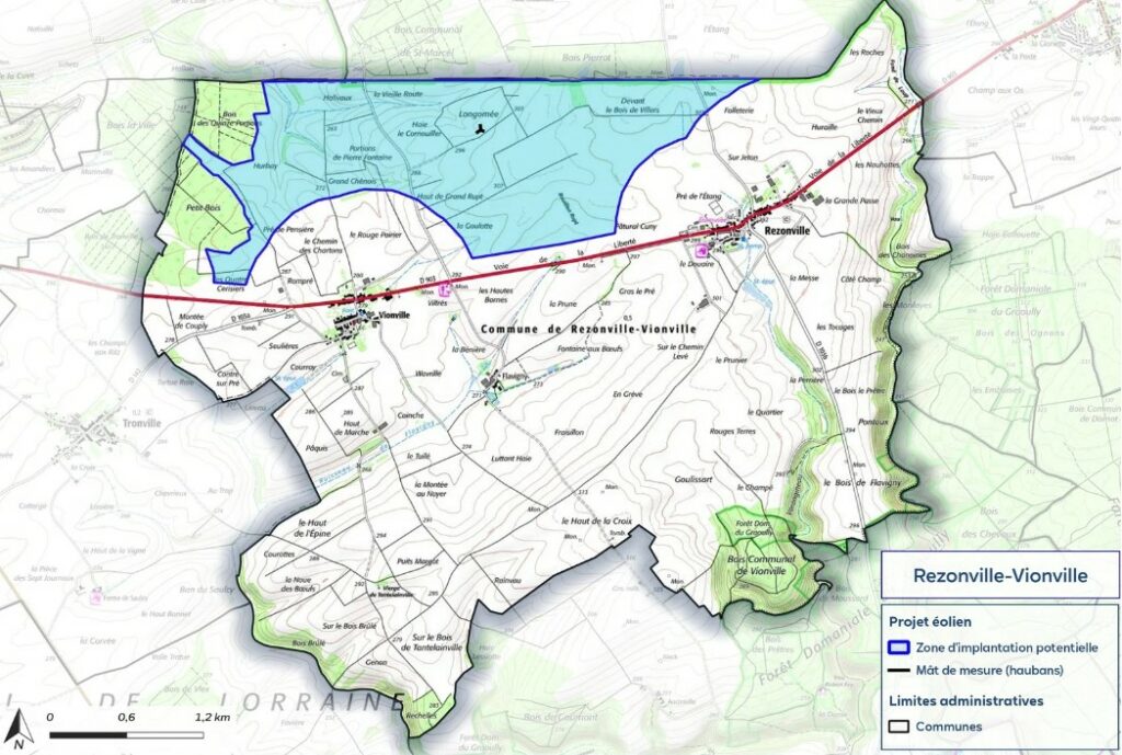 Carte de la zone d'implantation potentielle du projet éolien de Rezonville-Vionville